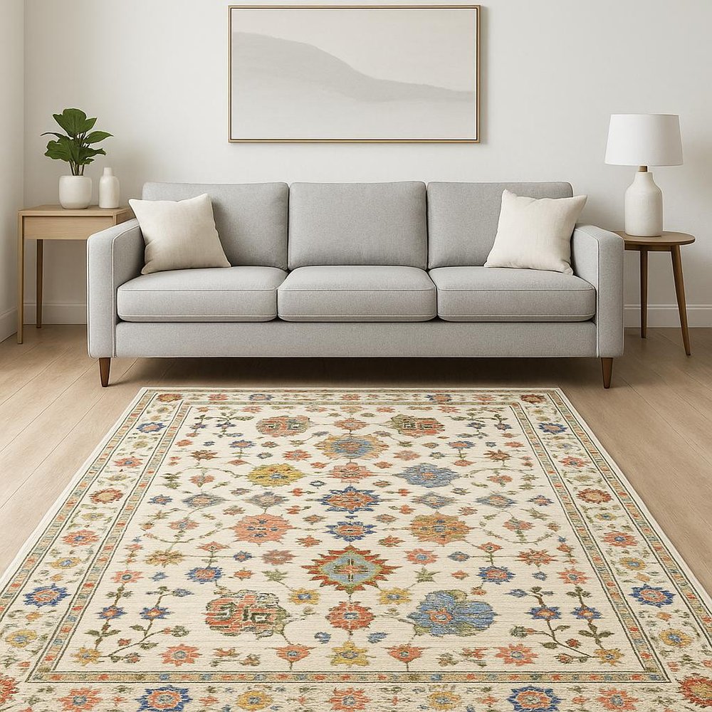 8' X 11' Ivory Salmon Pink Gold Blues Grey Rust And Green Oriental Power Loom Stain Resistant Area Rug With Fringe