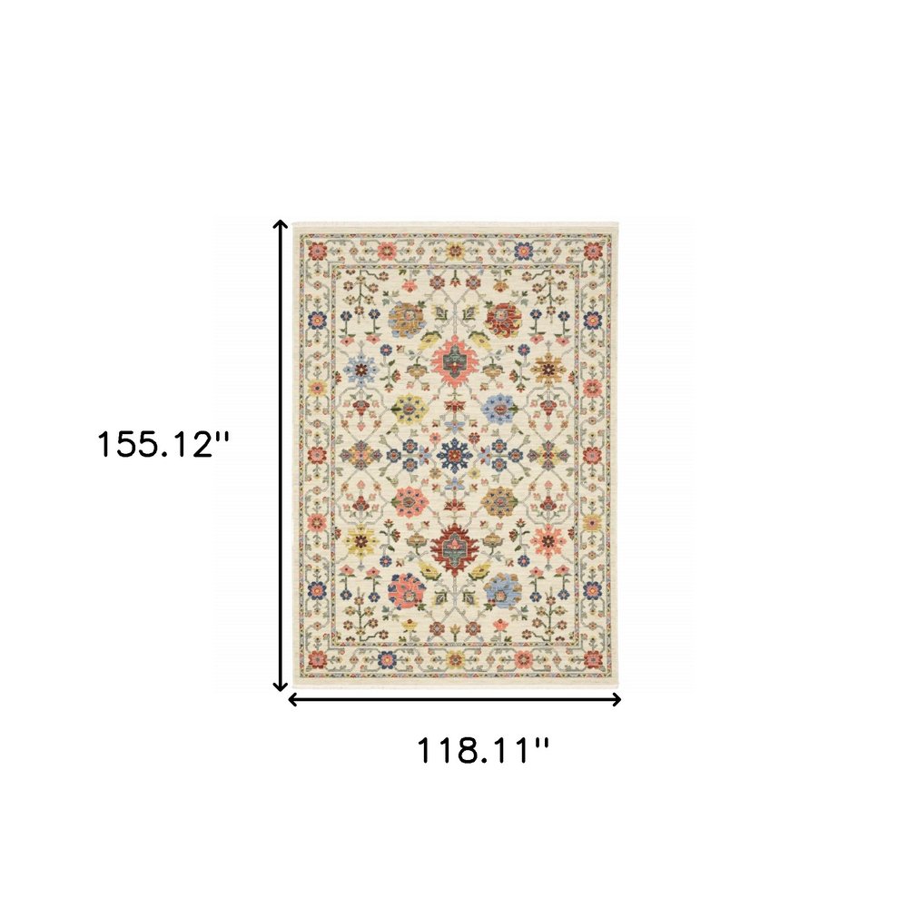 10' X 13' Ivory, Salmon, Pink, Gold, Blues, Grey, Rust and Green Oriental Power Loom stain-resistant area rug with fringe