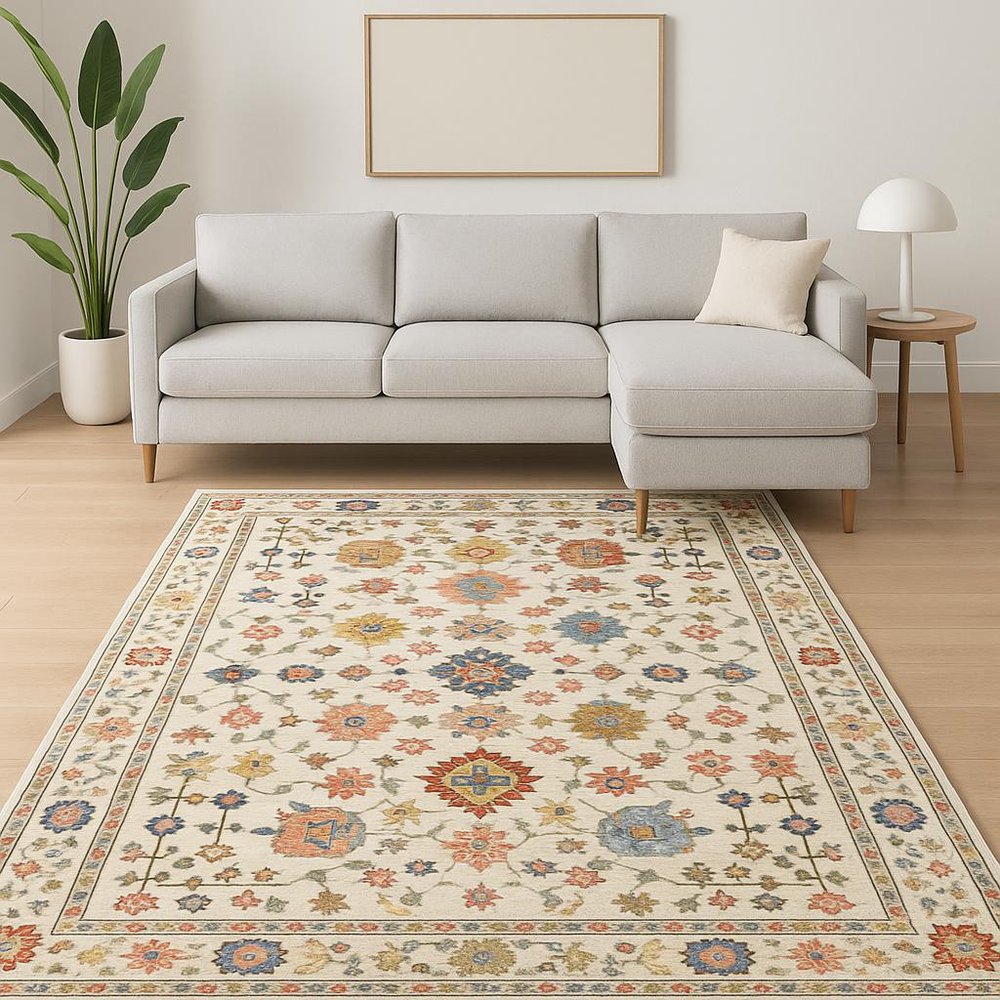 10' X 13' Ivory Salmon Pink Gold Blues Grey Rust And Green Oriental Power Loom Stain Resistant Area Rug With Fringe