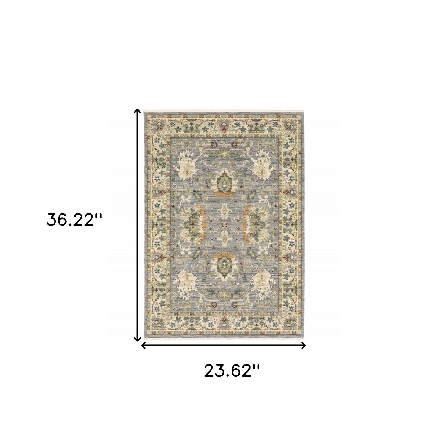 2' X 3' Grey Ivory Orange Teal Green Charcoal Blue And Red Oriental Power Loom Stain Resistant Area Rug With Fringe