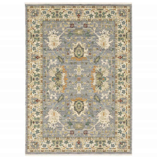 2' X 3' Grey Ivory Orange Teal Green Charcoal Blue And Red Oriental Power Loom Stain Resistant Area Rug With Fringe