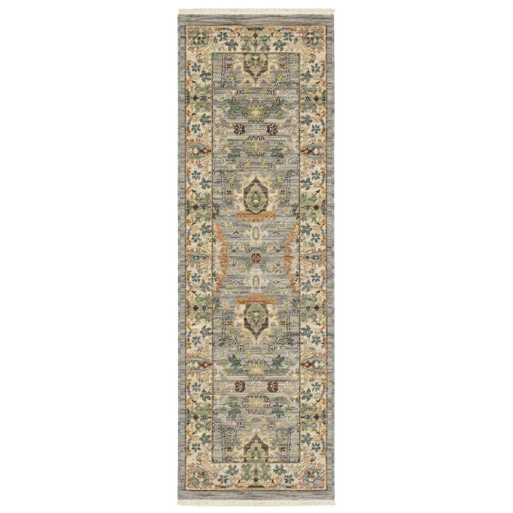 2' X 6' Grey Ivory Orange Teal Green Charcoal Blue And Red Oriental Power Loom Stain Resistant Runner Rug With Fringe