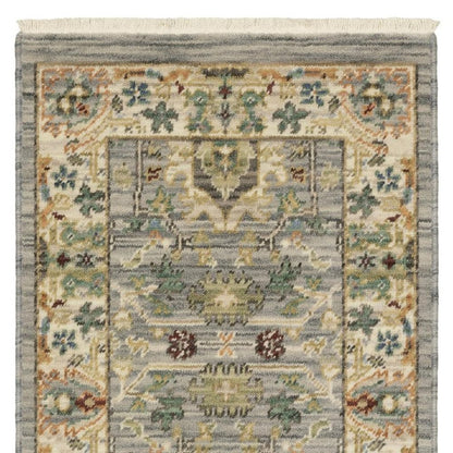 2' X 6' Grey Ivory Orange Teal Green Charcoal Blue And Red Oriental Power Loom Stain Resistant Runner Rug With Fringe