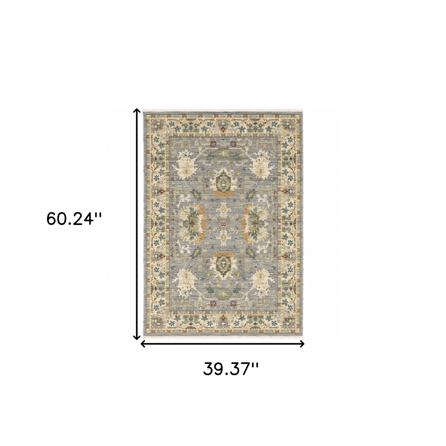 3' X 5' Grey Ivory Orange Teal Green Charcoal Blue And Red Oriental Power Loom Stain Resistant Area Rug With Fringe