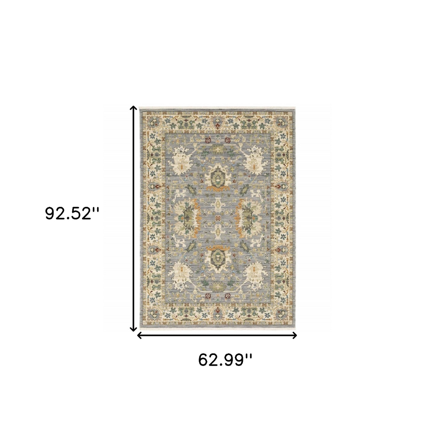 5' X 8' Blue And Ivory Oriental Power Loom Stain Resistant Area Rug With Fringe