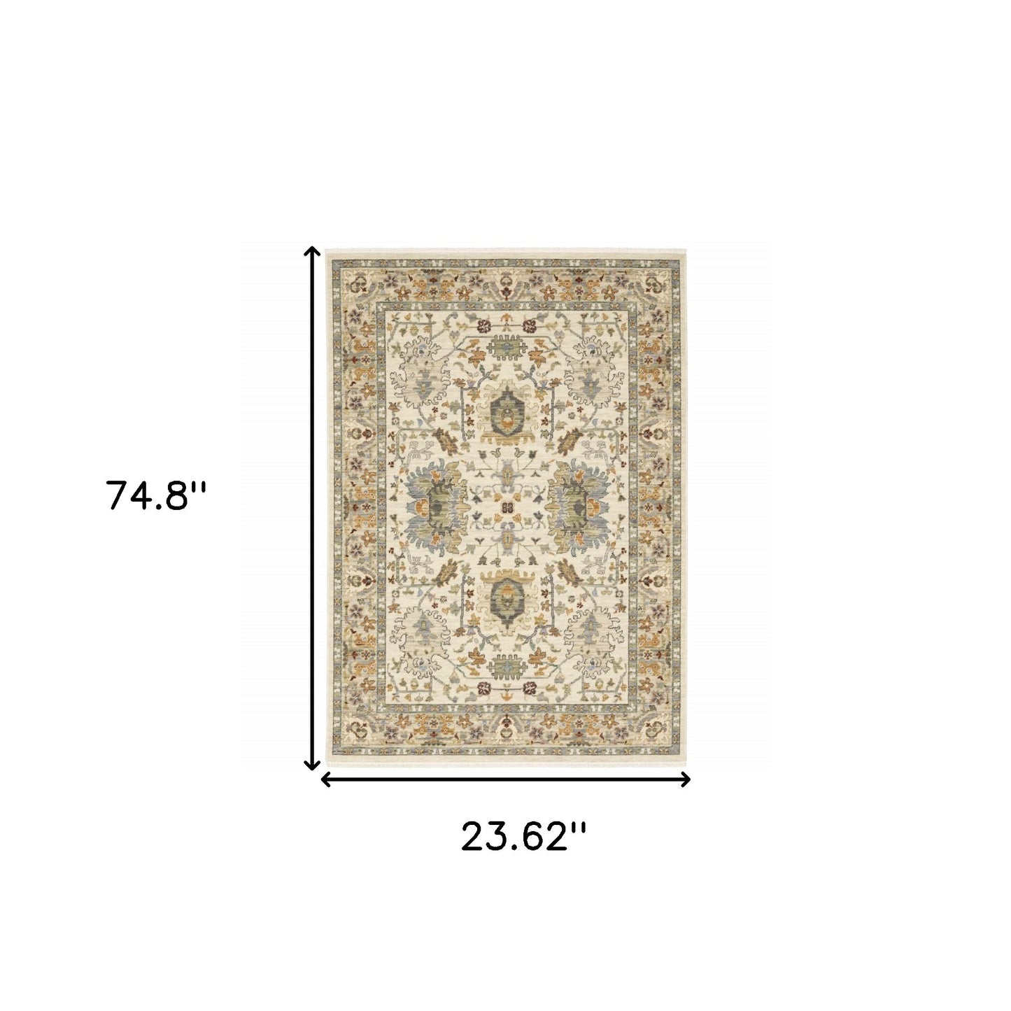 2' X 6' Ivory Grey Orange Green Blue And Red Oriental Power Loom Stain Resistant Runner Rug With Fringe