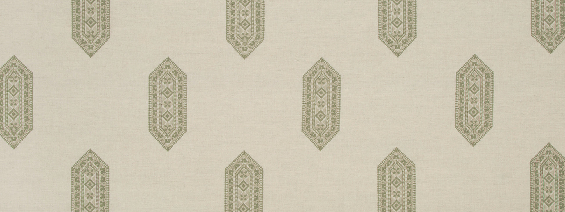 Beige tile with repeating olive-gray shield-shaped damask motifs.