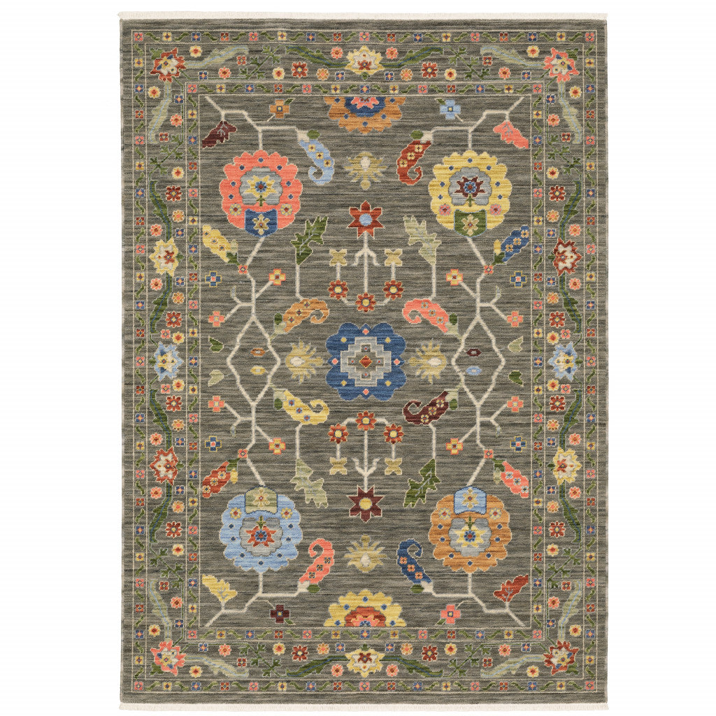 2' X 3' Grey Blue Pink Orange Rust Red Green And Ivory Oriental Power Loom Stain Resistant Area Rug With Fringe