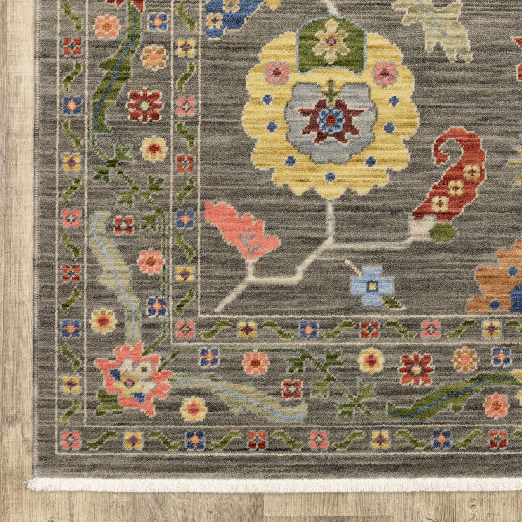 2' X 3' Grey Blue Pink Orange Rust Red Green And Ivory Oriental Power Loom Stain Resistant Area Rug With Fringe