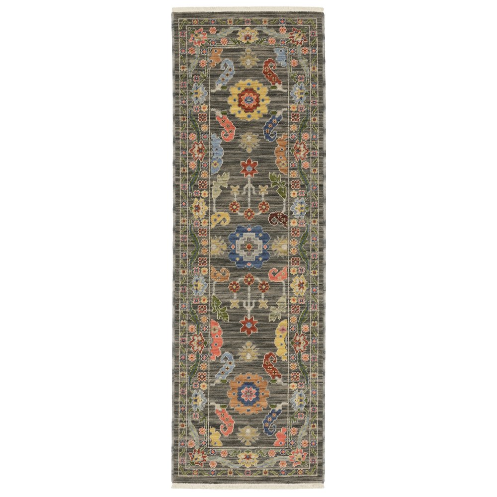 2' x 6' grey, blue, pink, orange, rust, red, green and ivory Oriental runner rug with fringe; stain-resistant, power-loomed.