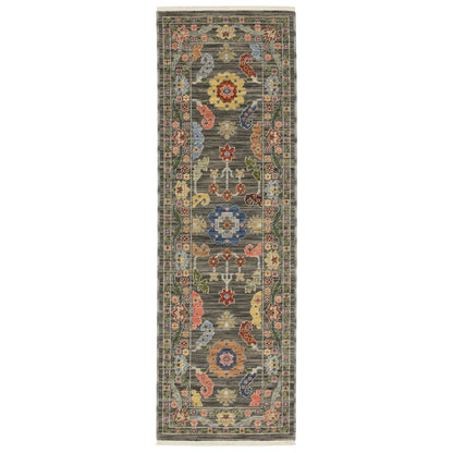 2' x 6' grey, blue, pink, orange, rust, red, green and ivory Oriental runner rug with fringe; stain-resistant, power-loomed.