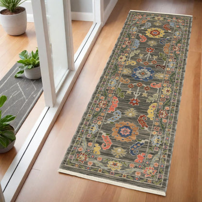 2' X 6' Grey Blue Pink Orange Rust Red Green And Ivory Oriental Power Loom Stain Resistant Runner Rug With Fringe