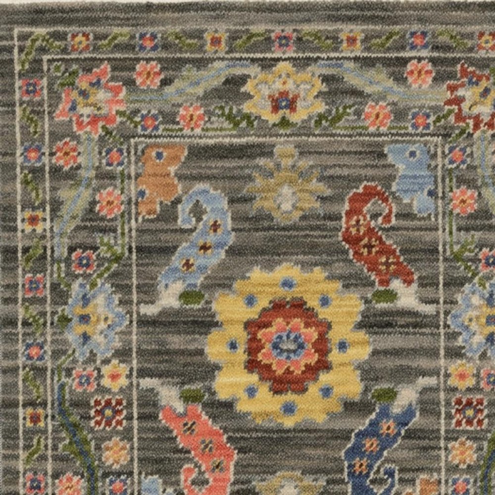 2' X 6' Grey Blue Pink Orange Rust Red Green And Ivory Oriental Power Loom Stain Resistant Runner Rug With Fringe