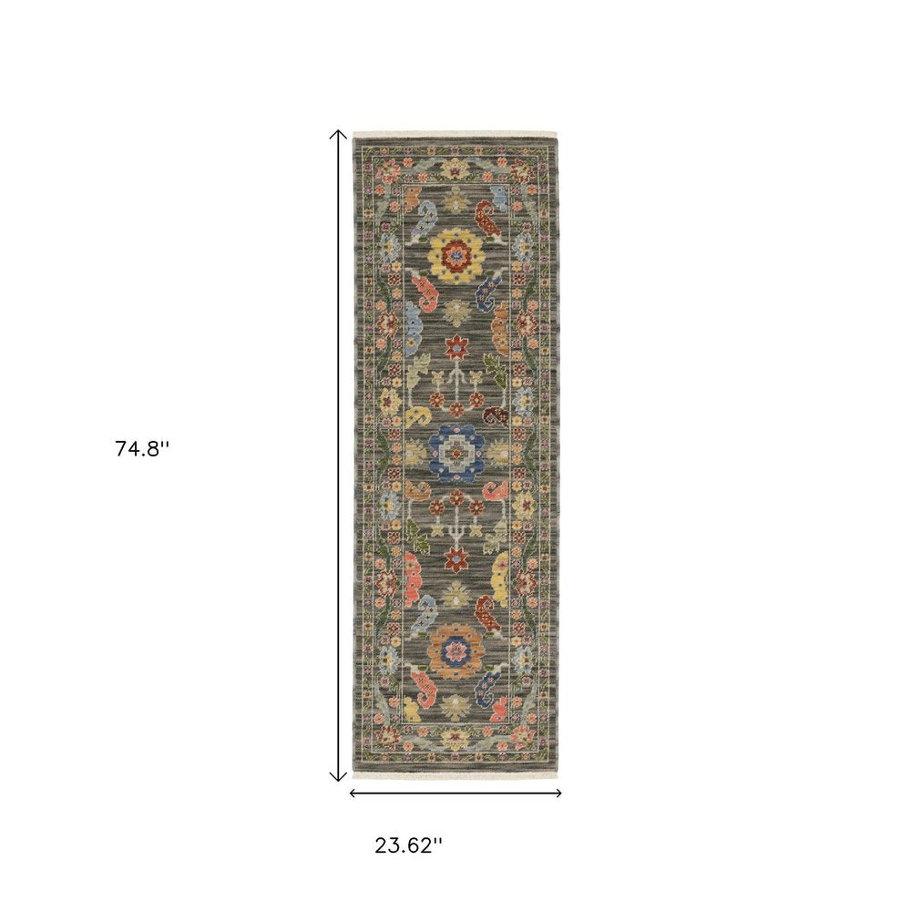 2' X 6' Grey Blue Pink Orange Rust Red Green And Ivory Oriental Power Loom Stain Resistant Runner Rug With Fringe