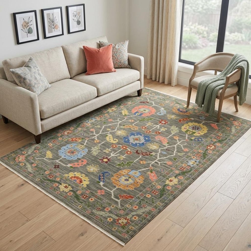 5' X 8' Gray Blue And Red Oriental Area Rug With Fringe