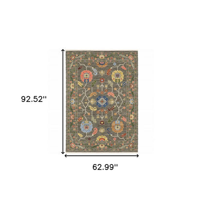 5' X 8' Gray Blue And Red Oriental Area Rug With Fringe