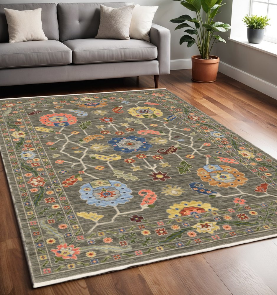 5' X 8' Gray Blue And Red Oriental Area Rug With Fringe