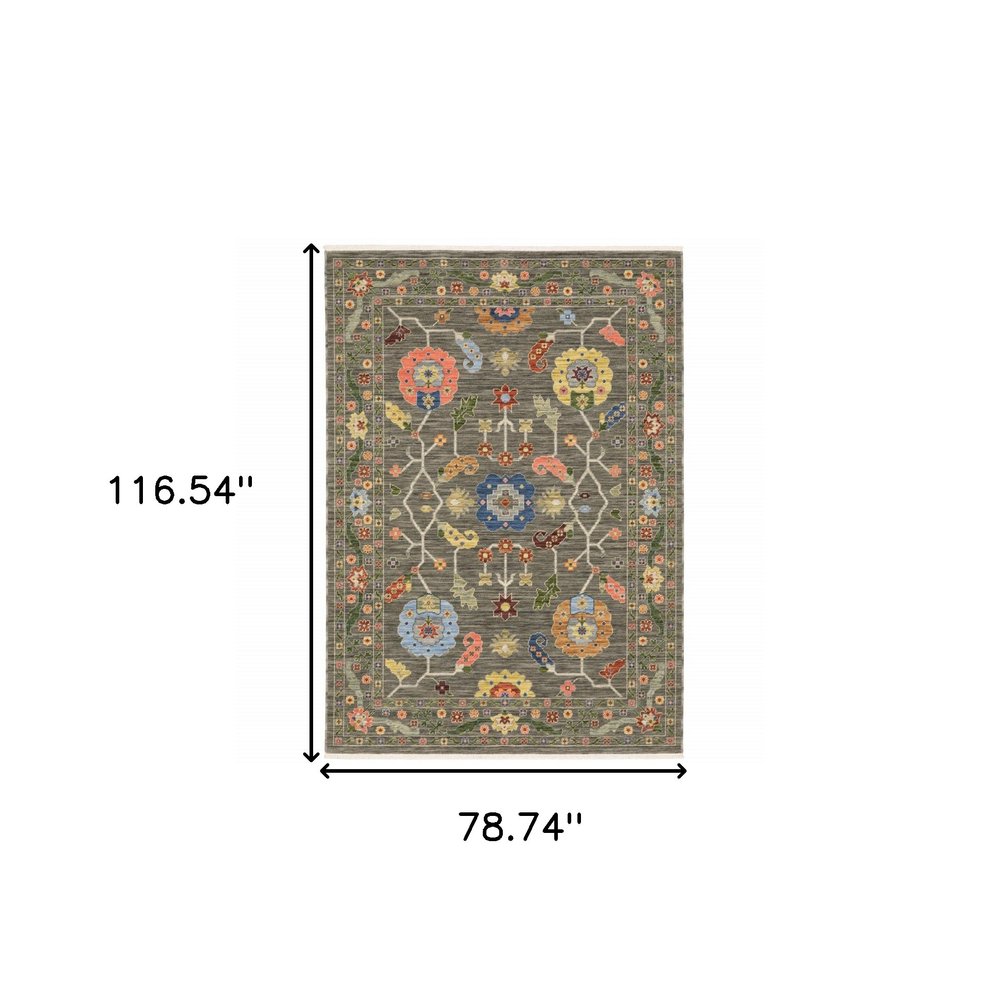 6' X 9' Grey Blue Pink Orange Rust Red Green And Ivory Oriental Power Loom Stain Resistant Area Rug With Fringe