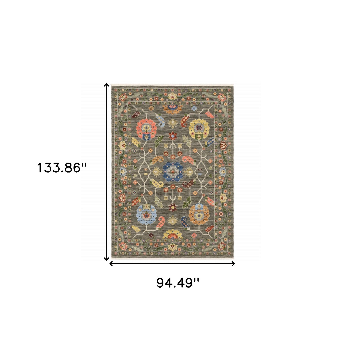 8' X 11' Grey Blue Pink Orange Rust Red Green And Ivory Oriental Power Loom Stain Resistant Area Rug With Fringe