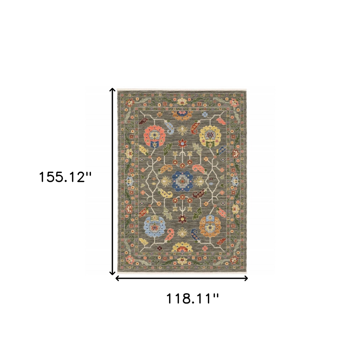 10' X 13' Grey Blue Pink Orange Rust Red Green And Ivory Oriental Power Loom Stain Resistant Area Rug With Fringe