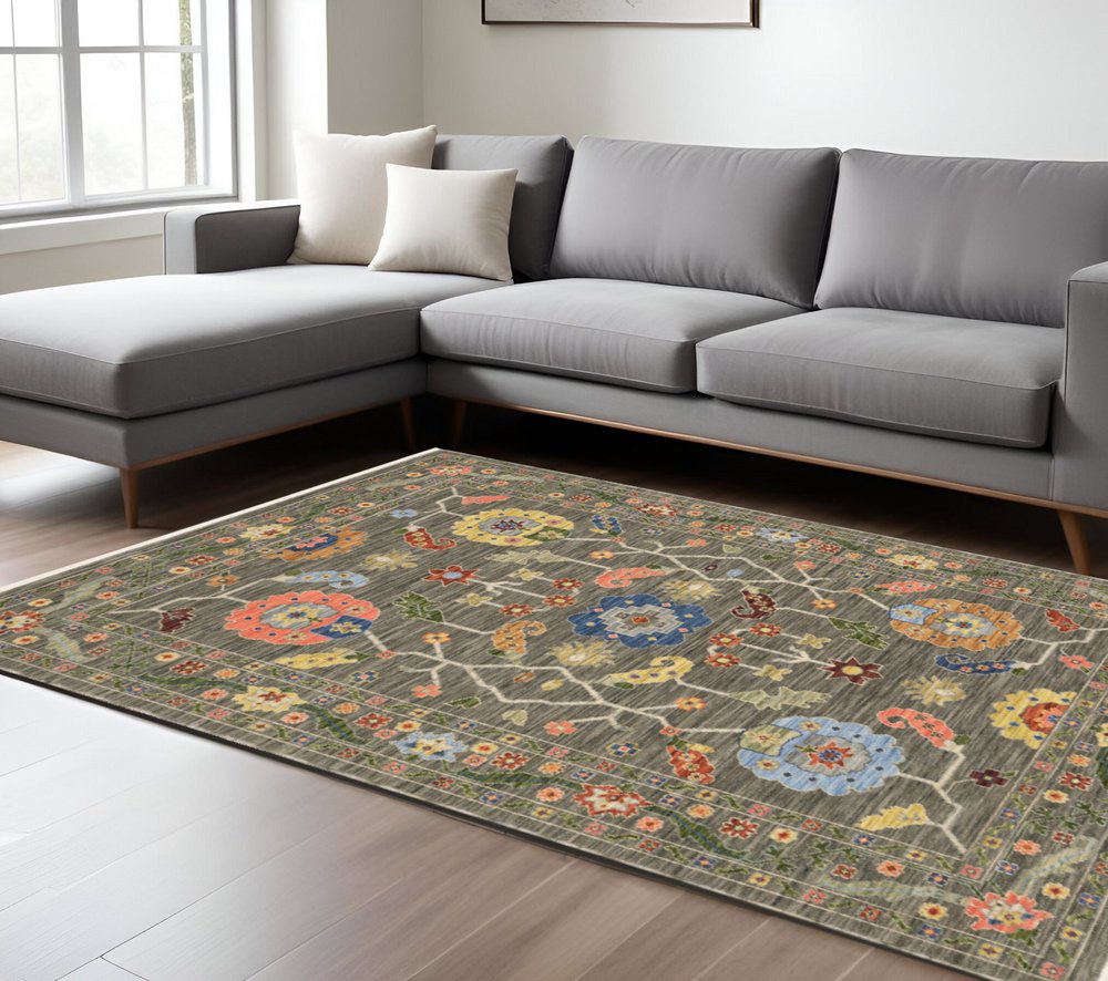 10' X 13' Gray Blue And Red Oriental Area Rug With Fringe