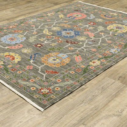 10' X 13' Gray Blue And Red Oriental Area Rug With Fringe