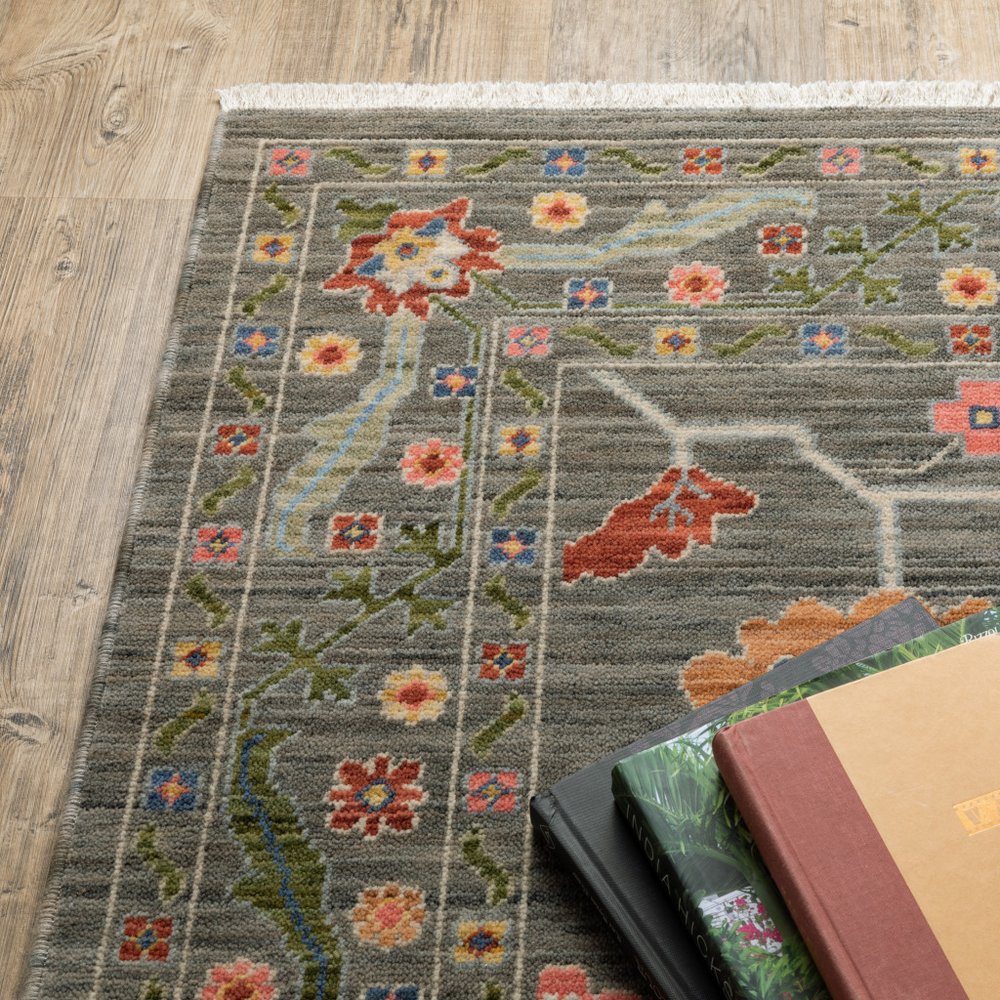 10' X 13' Gray Blue And Red Oriental Area Rug With Fringe