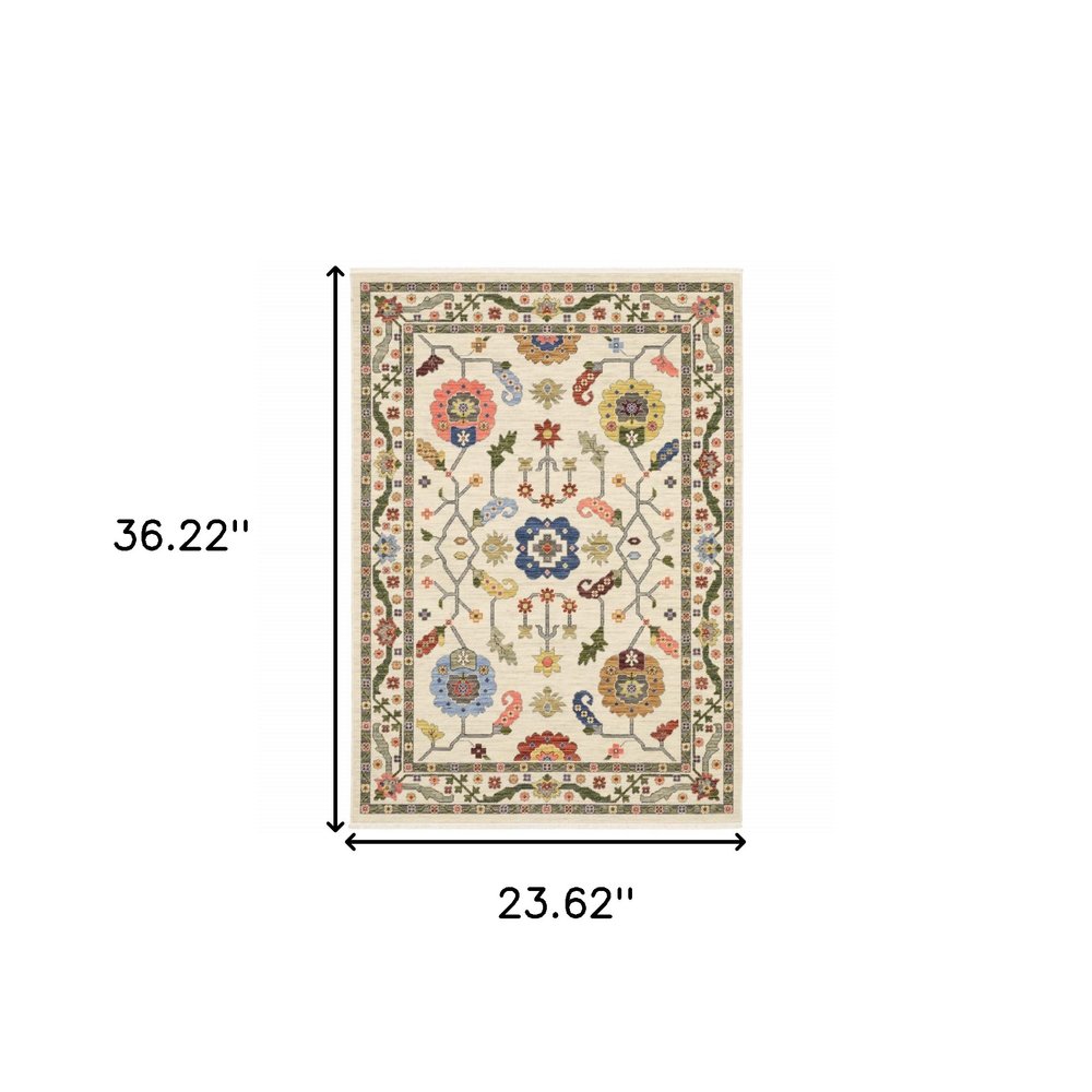 2' X 3' Ivory Green And Red Oriental Area Rug With Fringe