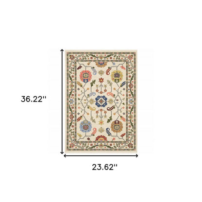 2' X 3' Ivory Green And Red Oriental Area Rug With Fringe