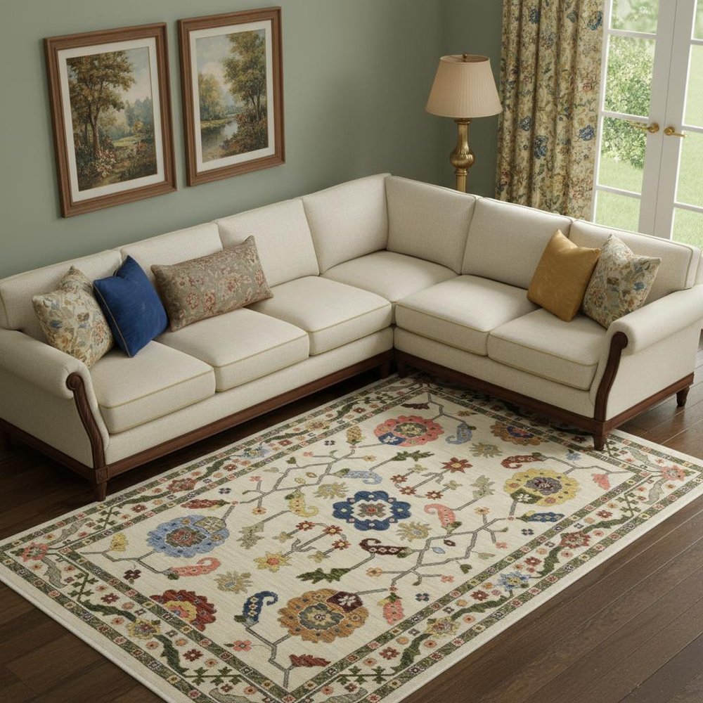 8' X 11' Ivory Green Blues Pink Yellow Rust Brown Tan And Grey Oriental Power Loom Stain Resistant Area Rug With Fringe