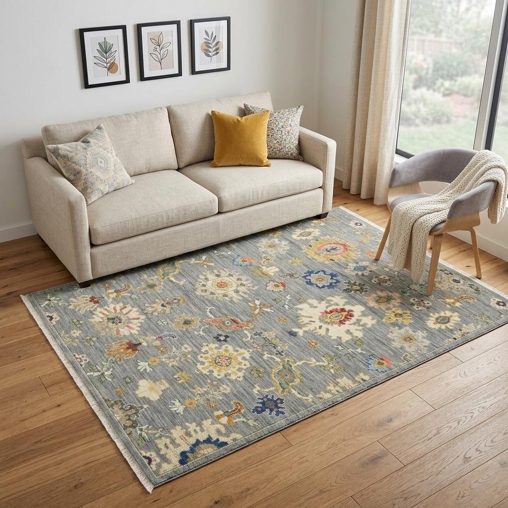 5' X 8' Gray Ivory And Blue Oriental Area Rug With Fringe