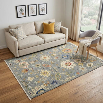 5' X 8' Gray Ivory And Blue Oriental Area Rug With Fringe