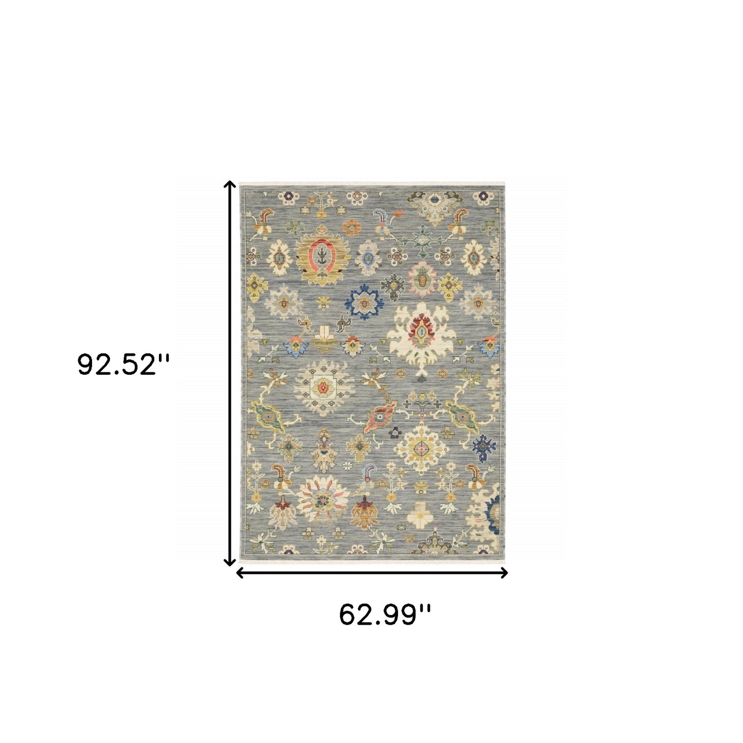 5' X 8' Grey Ivory Gold Salmon Red Blue And Green Oriental Power Loom Stain Resistant Area Rug With Fringe