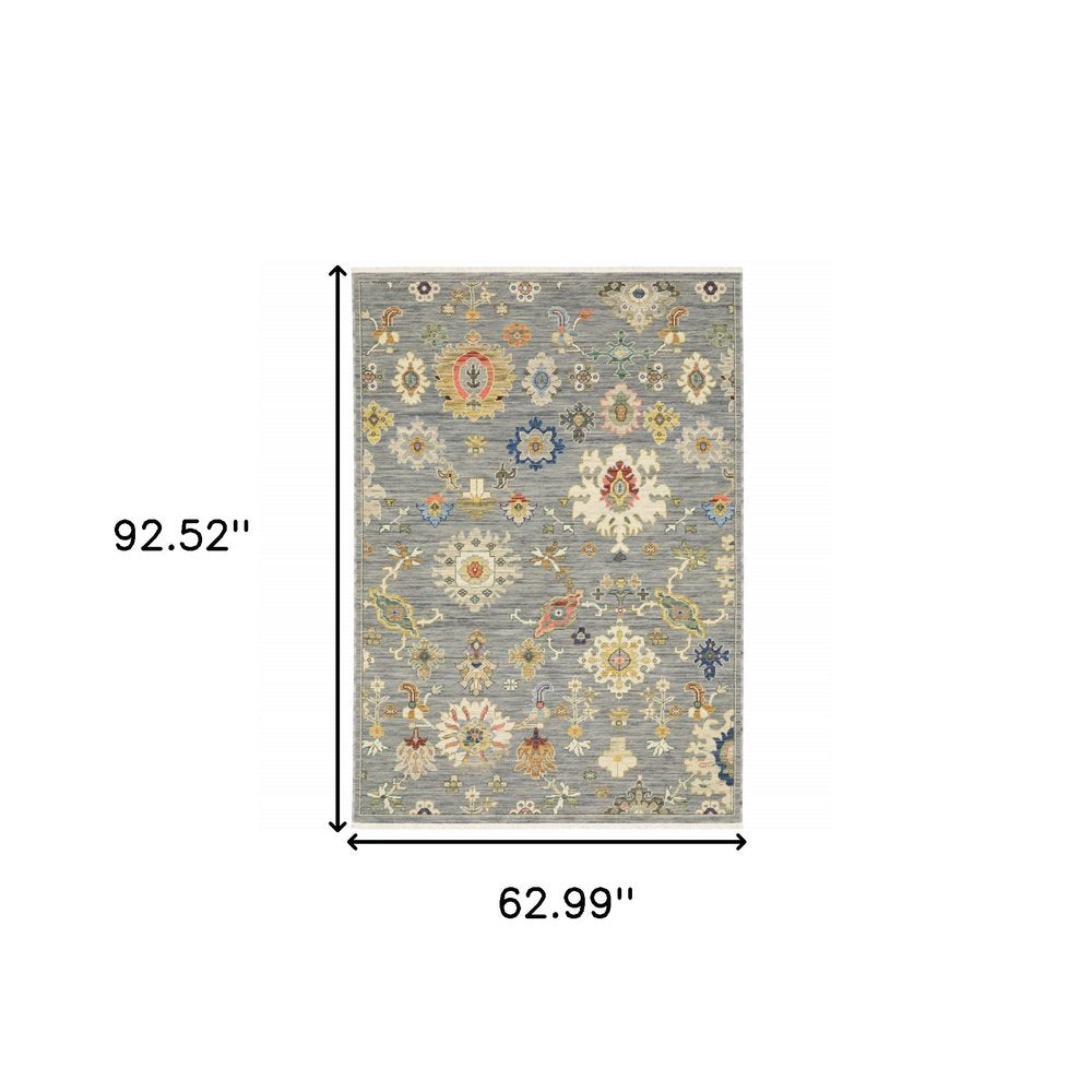 5' X 8' Gray Ivory And Blue Oriental Area Rug With Fringe