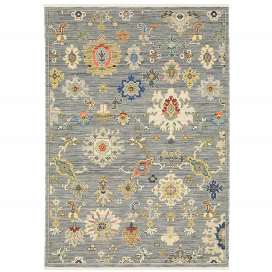 6' X 9' Grey Ivory Gold Salmon Red Blue And Green Oriental Power Loom Stain Resistant Area Rug With Fringe