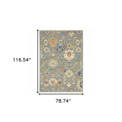 7' X 10' Gray Ivory And Blue Oriental Area Rug With Fringe