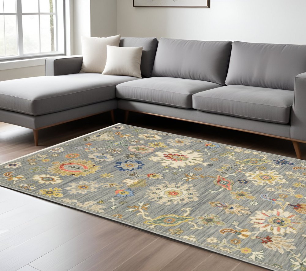 7' X 10' Gray Ivory And Blue Oriental Area Rug With Fringe