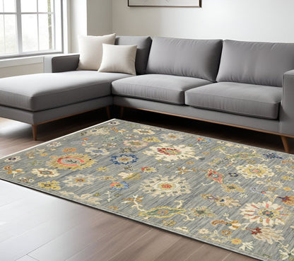 7' X 10' Gray Ivory And Blue Oriental Area Rug With Fringe
