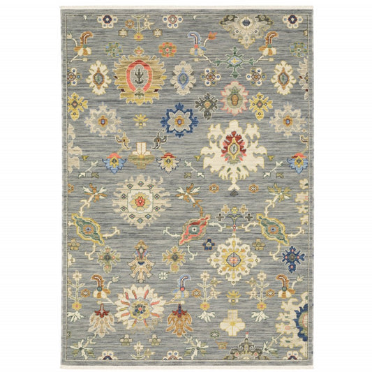 7' X 10' Gray Ivory And Blue Oriental Area Rug With Fringe