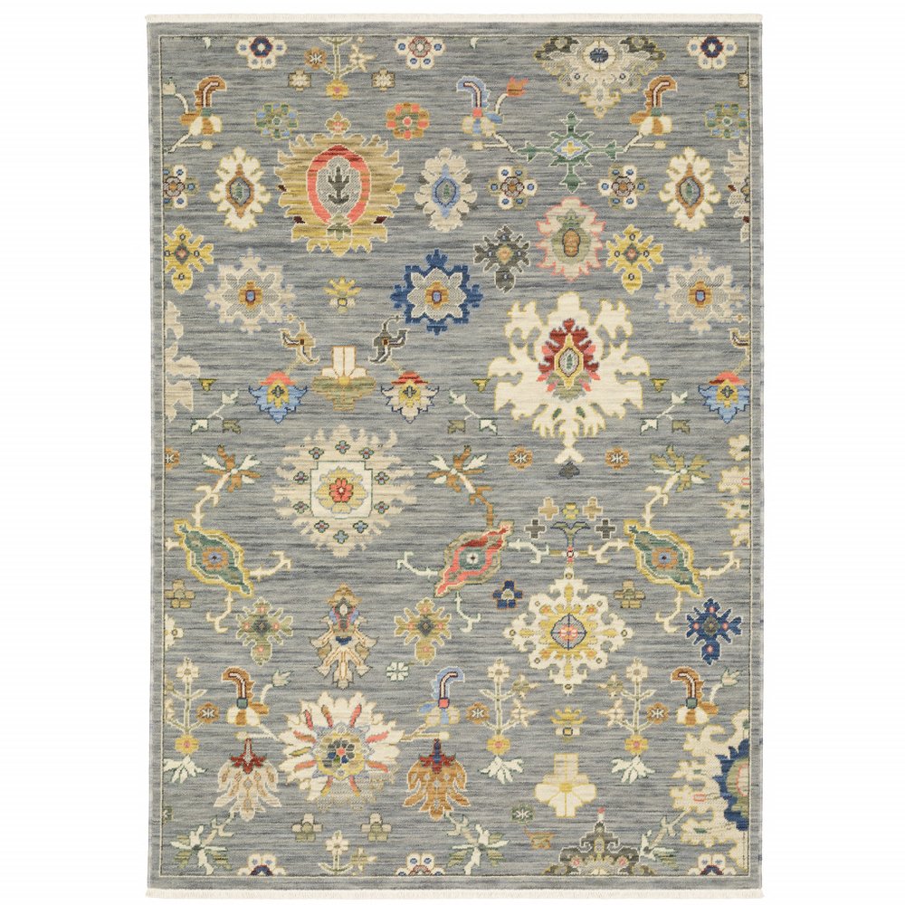 7' X 10' Gray Ivory And Blue Oriental Area Rug With Fringe