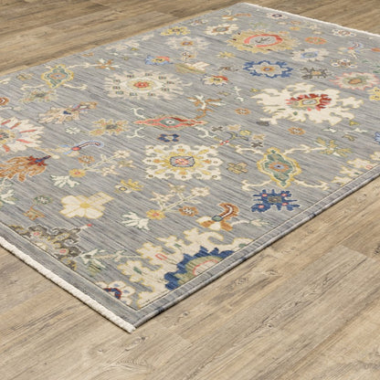 7' X 10' Gray Ivory And Blue Oriental Area Rug With Fringe