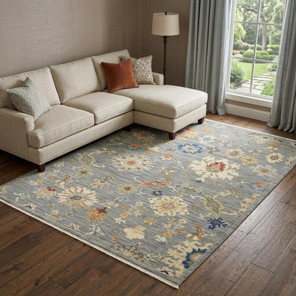 8' X 11' Gray Ivory And Blue Oriental Area Rug With Fringe