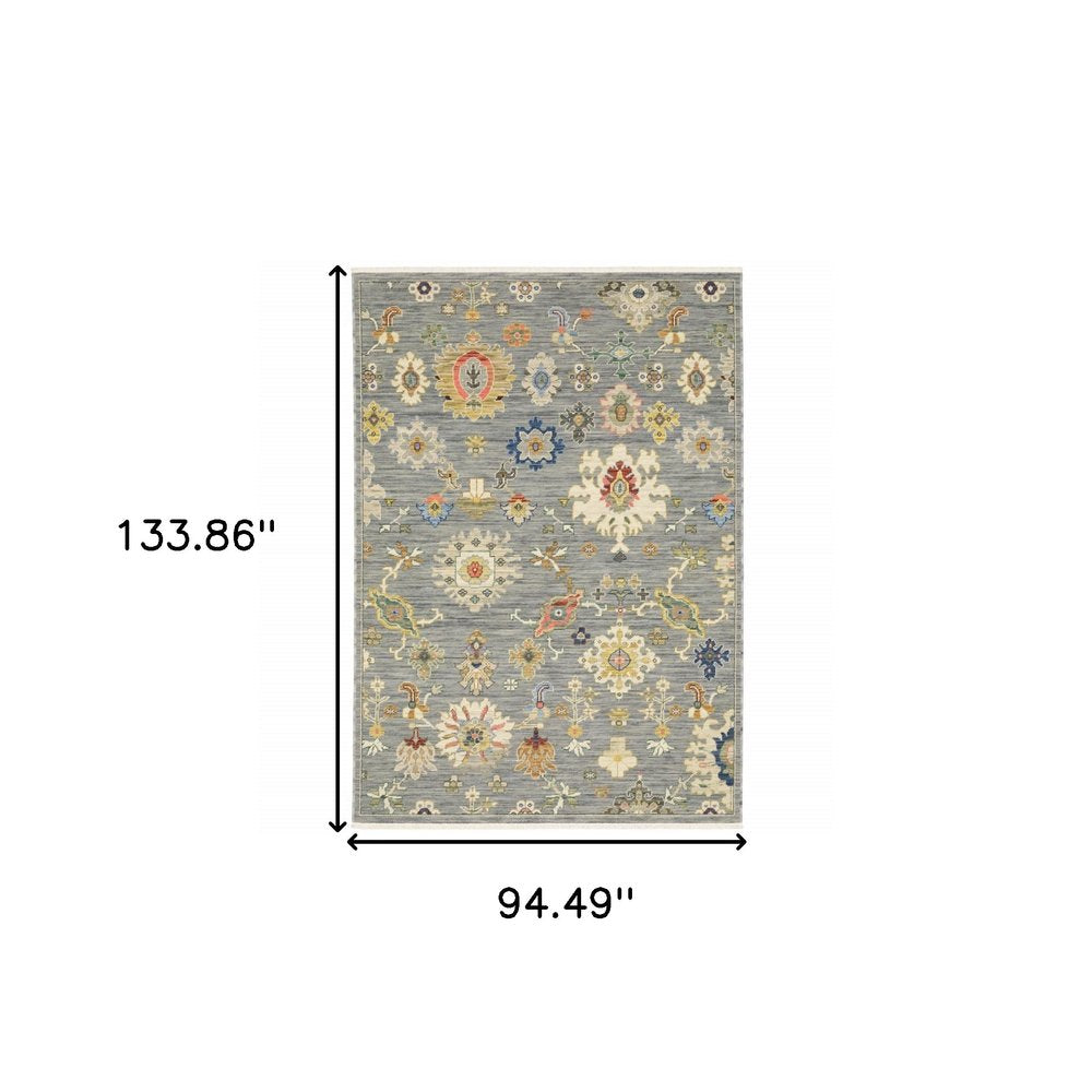 8' X 11' Gray Ivory And Blue Oriental Area Rug With Fringe
