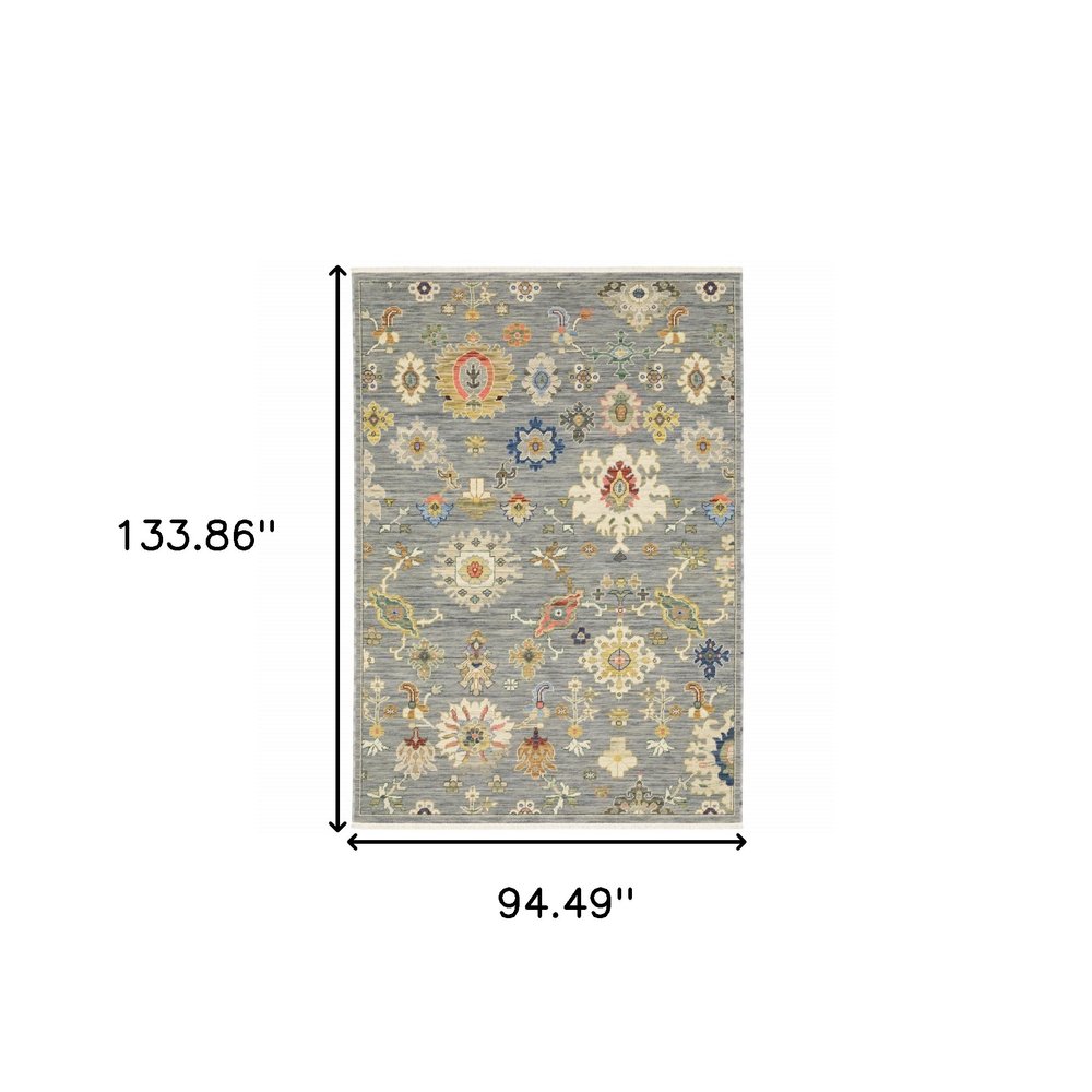 8' X 11' Gray Ivory And Blue Oriental Area Rug With Fringe