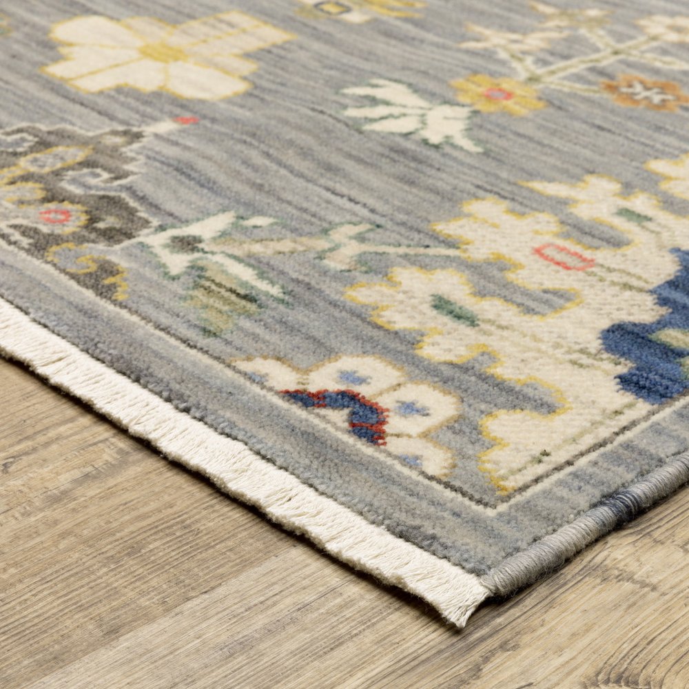 8' X 11' Gray Ivory And Blue Oriental Area Rug With Fringe