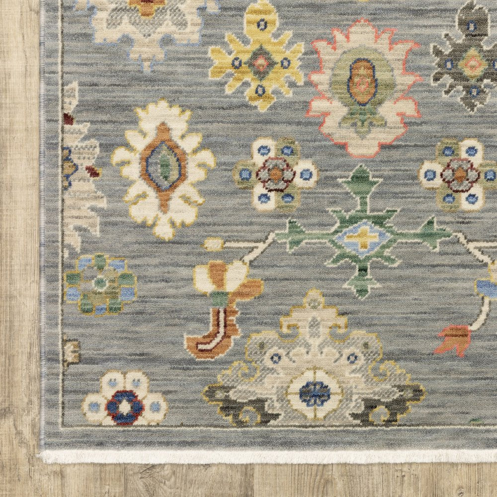 8' X 11' Gray Ivory And Blue Oriental Area Rug With Fringe