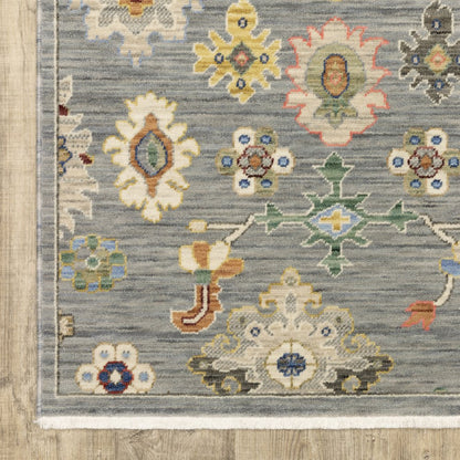 8' X 11' Gray Ivory And Blue Oriental Area Rug With Fringe