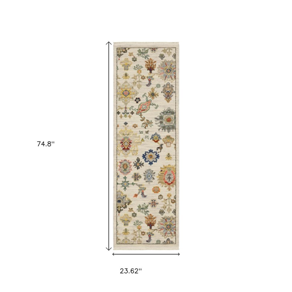 2' X 6' Ivory Beige Gold Grey Blue Pink Red Rust And Green Oriental Power Loom Stain Resistant Runner Rug With Fringe