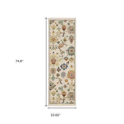 2' X 6' Ivory Beige Gold Grey Blue Pink Red Rust And Green Oriental Power Loom Stain Resistant Runner Rug With Fringe