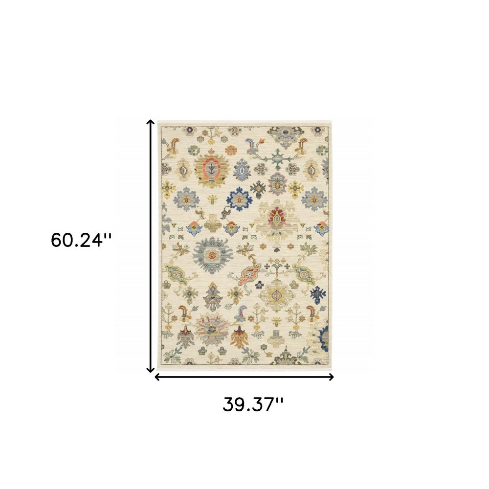 3' X 5' Ivory Beige And Blue Oriental Area Rug With Fringe